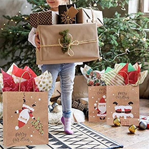 12Pcs Santa Claus Christmas Kraft Paper Gift Wrap Bags, Chimney Xmas Tree, 10 In - Picture 1 of 7